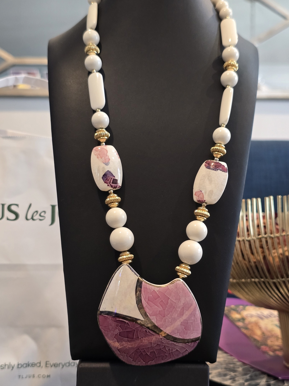 Vintage 80s Japan Ceramic Hand Painted Abstract Statement Necklace Plum Purple